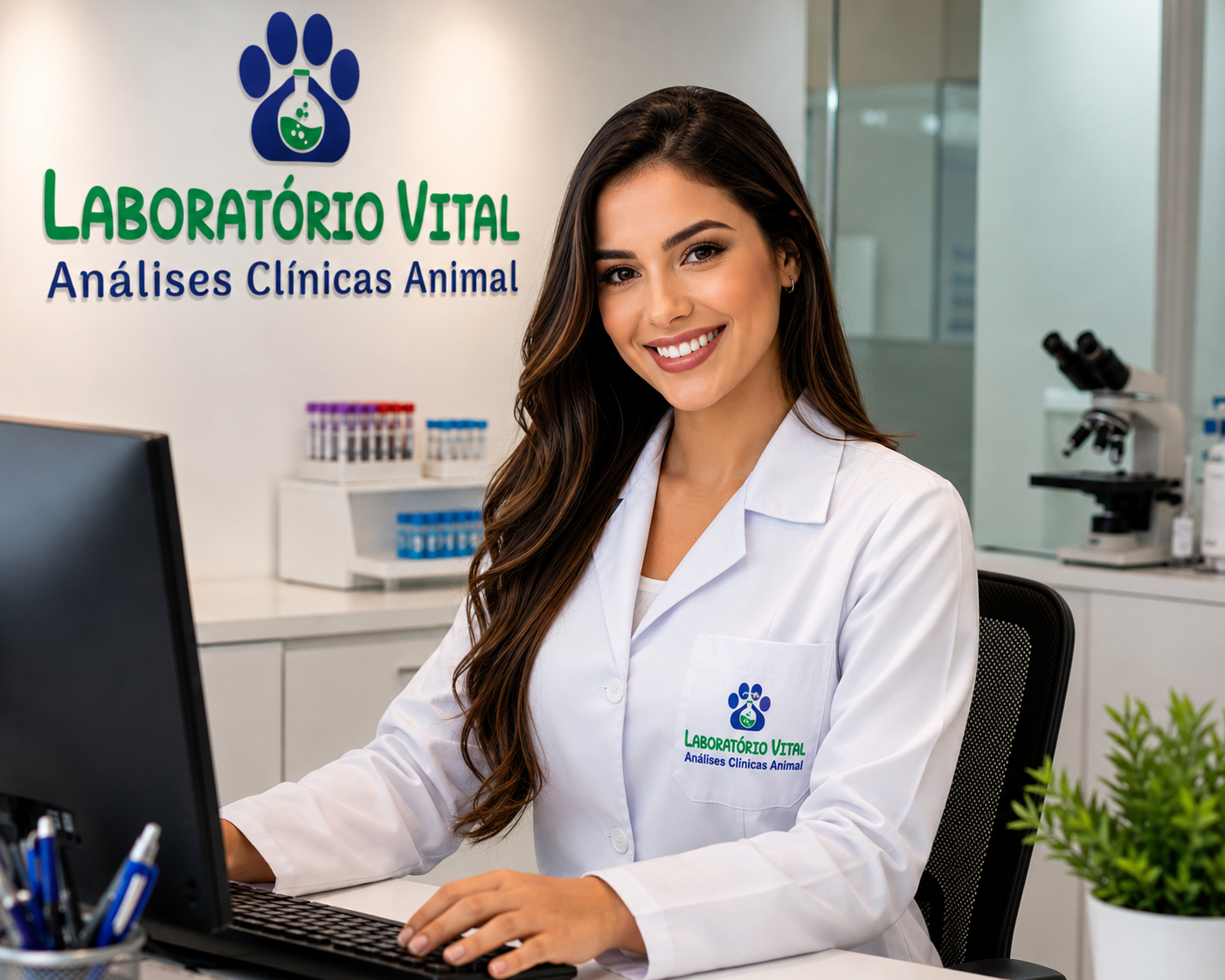 Recepcionista do Laboratório Vital sorrindo em ambiente clínico